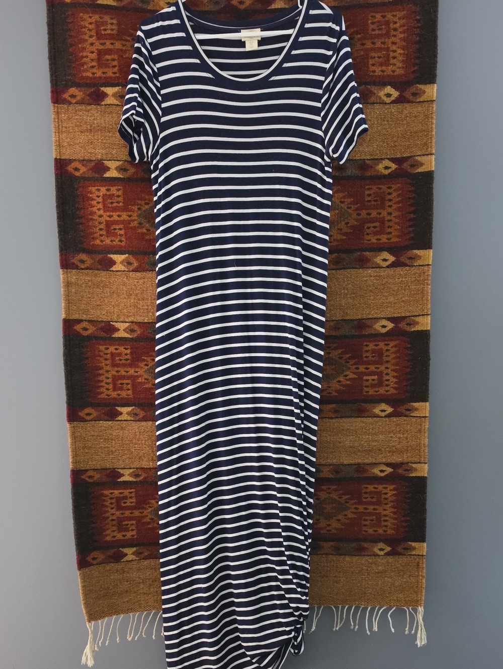 Navy and White Striped Short-Sleeve Maxi Dress